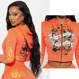 Cute Fall 2 Piece  Women's Hardy Letter Print  Zipper Hoodie Crop Top and Drawstring Skirt Two Piece Skirts outfit sweatsuit set