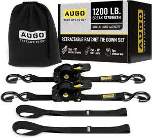 AUGO Retractable Ratchet Straps | 2 Heavy Duty Ratchet Straps Self Retractable Tie Down Straps with Soft Loops & Storage Bag for Motorcycle, Truck, Trailer, Cargo Van | 1200 Lb Break Strength 1” x 10’ Heavy Duty kinetic  rope