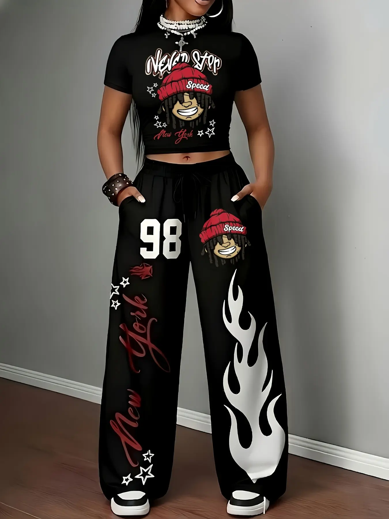Y2K Streetwear Retro Hip-Hop Digital Print Short Sleeve Top, Adjustable Drawstring Waist Pants with Pockets, Casual Party Outfit Set Clothes