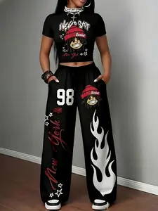 Y2K Streetwear Retro Hip-Hop Digital Print Short Sleeve Top, Drawstring Waist Pants with Pockets, Casual Party Set