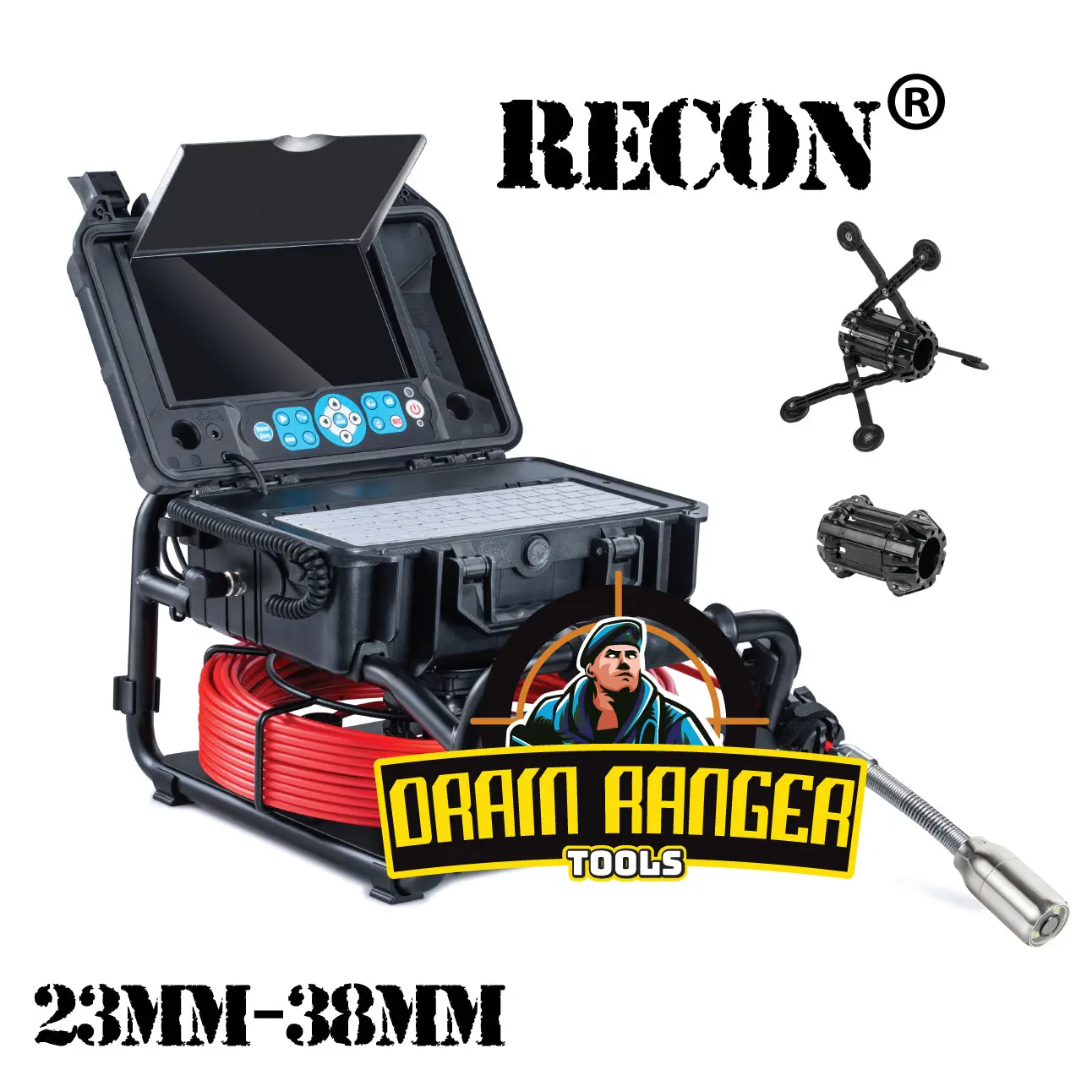 RECON® 23mm Sewer Inspection Camera 2844 with 10" LCD Monitor 30/40m Fiberglass Cable IP68 Waterproof 130° Wide Vision and SD Card Slot
