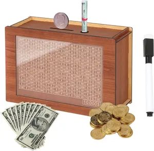10,000 Savings Challenge Box，Cash Vault Wooden Savings Box，Cash Saver Box，Coin Counter Piggy Bank，Wooden Piggy Bank Coin Bank with Counting Target,Wooden Coin Bank for Boys and Girls