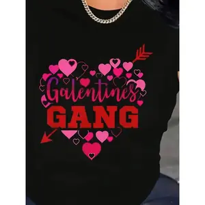 Galentine' s Gang Graphic T- Shirt for Women - 100, Casual Crew Neck with Stretch, Short Sleeve Knit Top, Fun Valentine' s Day Design with Hearts & Arrows, Regular Fit, Black, Daily Comfort Tee Valentine' s Day Top Knit Tee