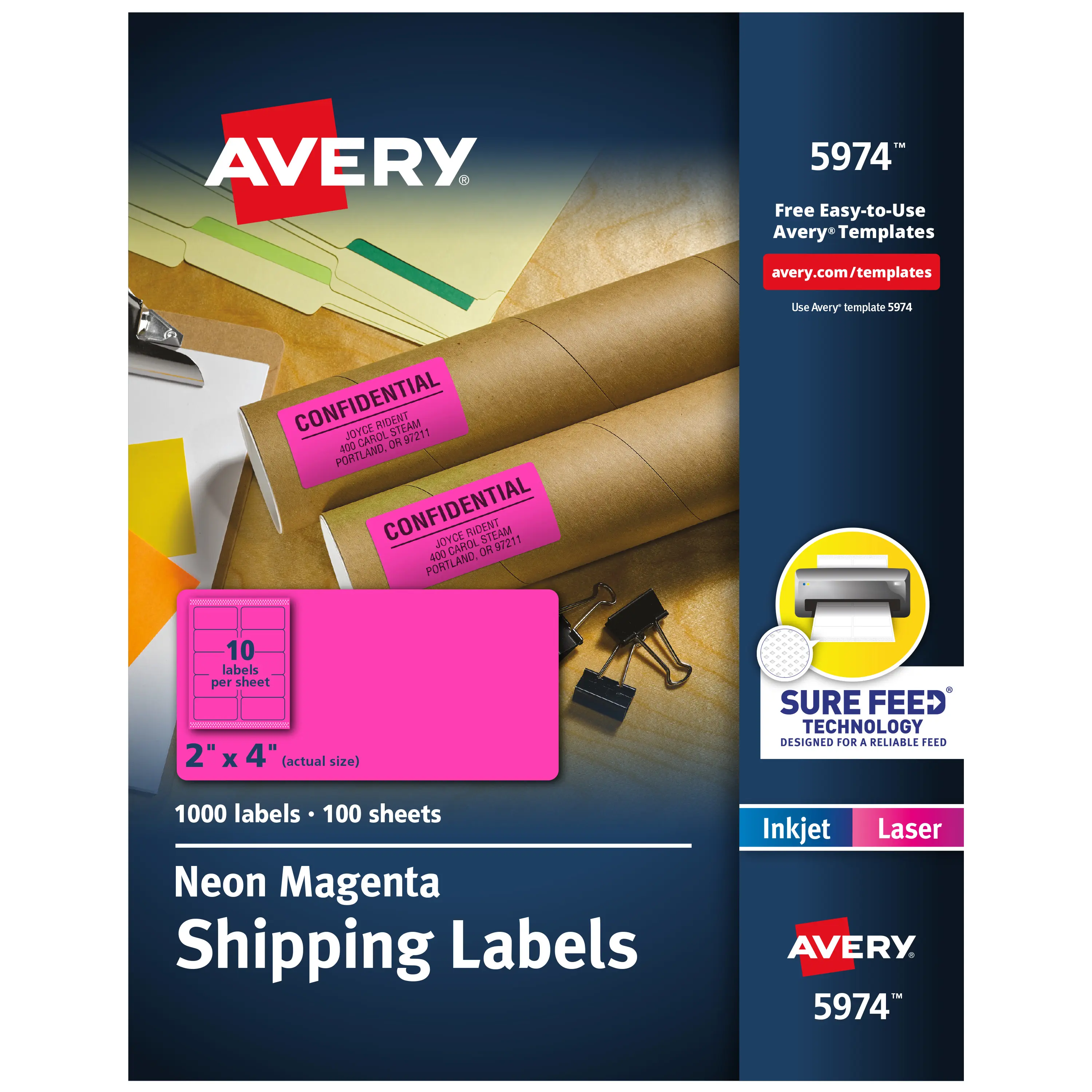 Avery Printable Shipping Labels with Sure Feed, 2" x 4", Neon Magenta, Laser & Inkjet Compatible, 1,000 Blank Labels Total (5974)