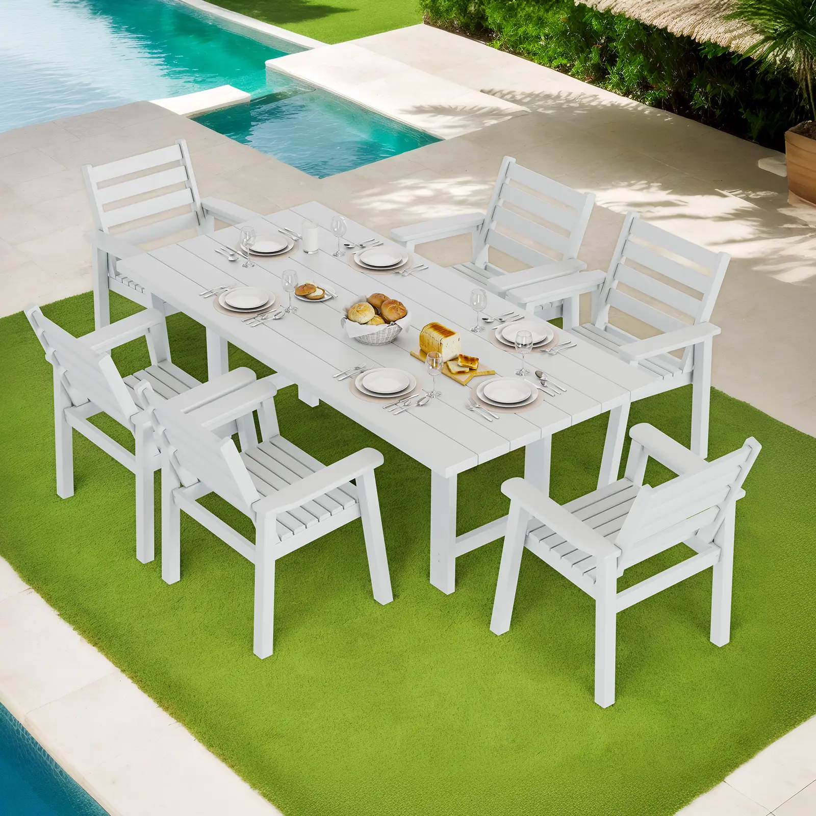 【Ships in 2 Boxes】[Summerwins] [SummerFinds] AMERLIFE 7-Piece Outdoor Dining Set, 71" HDPE Table with 6 Ergonomic Chairs, Large Outside Patio Furniture with Umbrella Hole for Garden, Backyard, Poolside