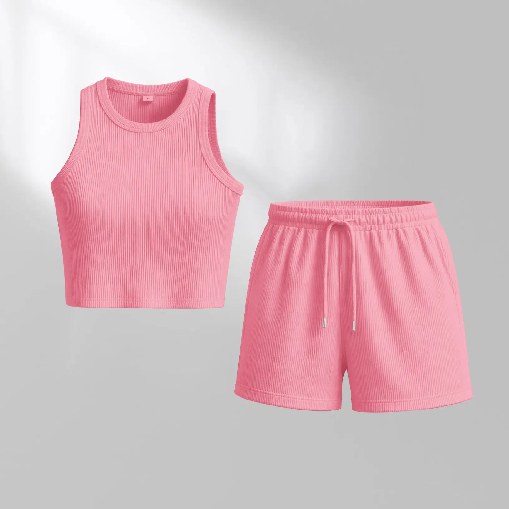 Women's solid color casual slim-fit tank top and drawstring shorts two-piece set, perfect for summer wear, a must-have for back-to-school season.