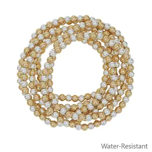 Water Resistant Set of 7 Gold and Silver Textured 5MM Beaded Stretch Bracelets