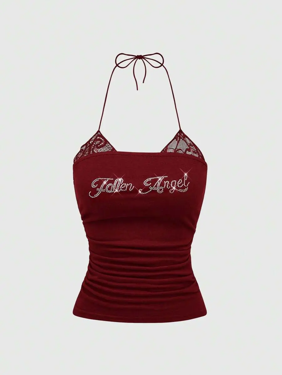 PULSE x Women's Rhinestones Decorated 2 In 1 Lace Trim Halter Tank Top