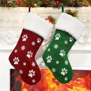 1pc Christmas Stocking with White Paw Embroidery - Red & Green Festive Holiday Decoration for Pet Lovers, Youngsters, and Fireplace Mantel Display, Christmas Decorations for Home