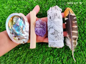 White Sage Smudge Kit Mini with Detailed Instructions, Abalone Shell, Palo Santo, Feather, Amethyst - Sage Smudge Energy Cleansing Kit "B"