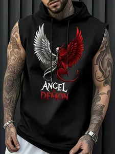 Men's Summer Moisture-Wicking Hooded Tank Top, Breathable Sleeveless T-Shirt, Casual Sports Style, Angel Devil Wings Letter Print Design