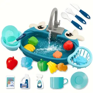 Kids' Cartoon Electric Dishwashing Sink Set, Recirculating Water Pretend Play Kitchen Playset, Toddler Play Kitchen, Indoor Water Toy for Ages 3-6, Requires 2 AA Batteries