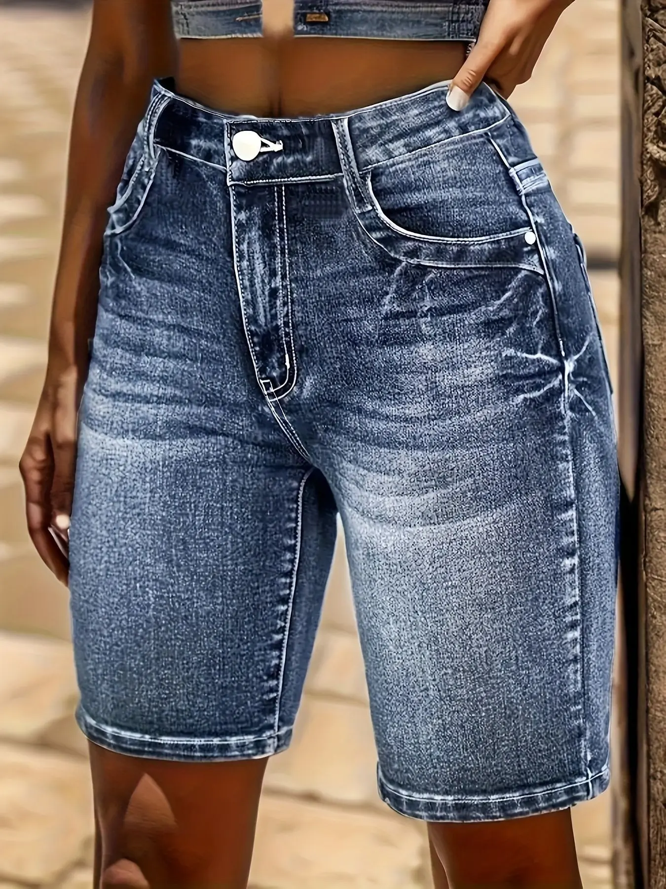 Women's Denim Jean Shorts Bottom Vintage Elastic Blue Slim Fit Casual All Seasons, Stylish Multi-Purpose Mid-Thigh Pants for Everyday Wear Womenswear