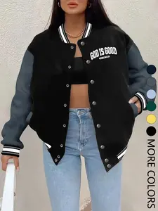 Women's Fall Winter New Baseball Jacket, Letter Print Casual Sporty Outerwear, Fitted Design, Hip Hop Style, Suitable for Daily Wear