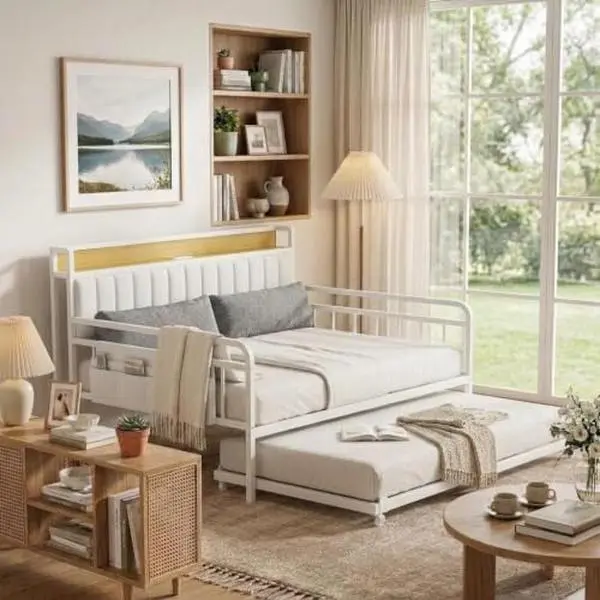 Twin Size Daybed with USB Headboard & Trundle, Natural