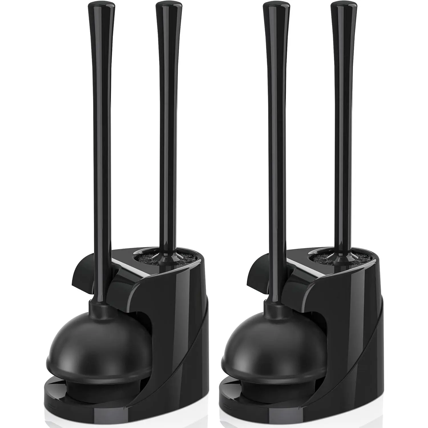 Toilet Plunger and Brush, Bowl Brush and Heavy Duty Toilet Plunger Set with Ventilated Holder, 2-in-1 Bathroom Cleaning Combo with Modern  Stand for 5.7-inch Toilet Drain(Black, 2 Set)