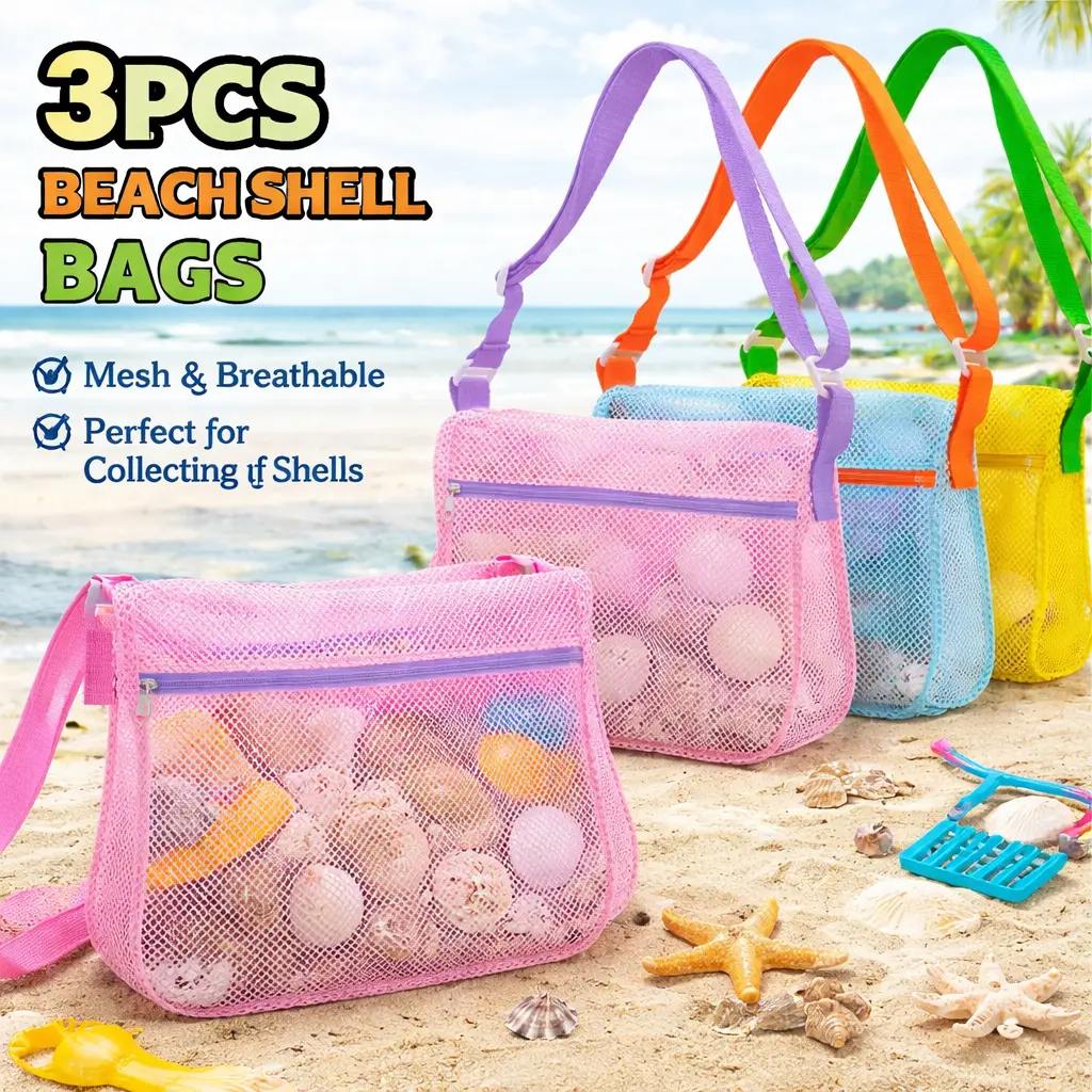 3 Pack Mesh Beach Bags for Sand Toys – Seashell Collecting Bags with Adjustable Straps, Beach Toy Organizer & Shell Pouch – Summer Beach Essentials