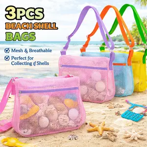 3 Pack Mesh Beach Bags for Sand Toys – Seashell Collecting Bags with Adjustable Straps, Beach Toy Organizer & Shell Pouch – Summer Beach Essentials