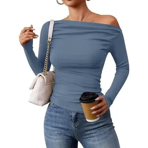 ZESICA Women’s Casual Off Shoulder Shirt – Long Sleeve Ruched Slim Fit Tee, Sexy Yet Basic Outfit for Date Nights & Daily Wear