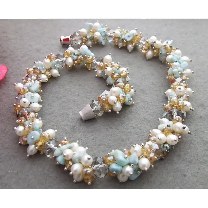 19" white Pearl Blue Larimar Crystal Necklace