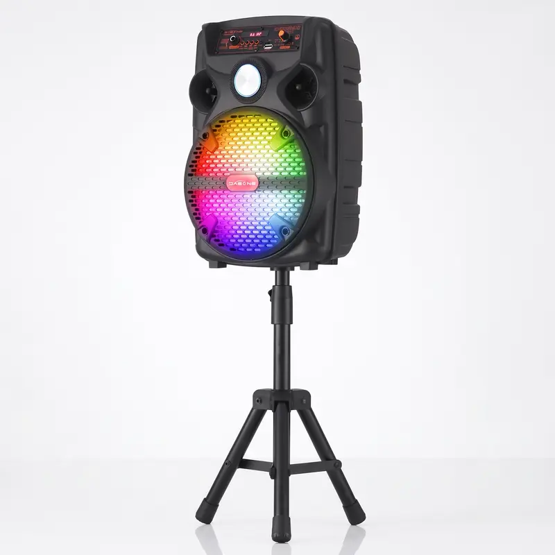 8-Inch Woofer Bluetooth Sound Speaker - Compact Portable Audio Solution with Collapsible Tripod Stand, Wired Microphone, Remote Control, Audio Input Box, AUX Jack, ABS Plastic Build; Supports FM Radio, USB-A, TF Card, Dual-Wireless Interlink & TWS Mode
