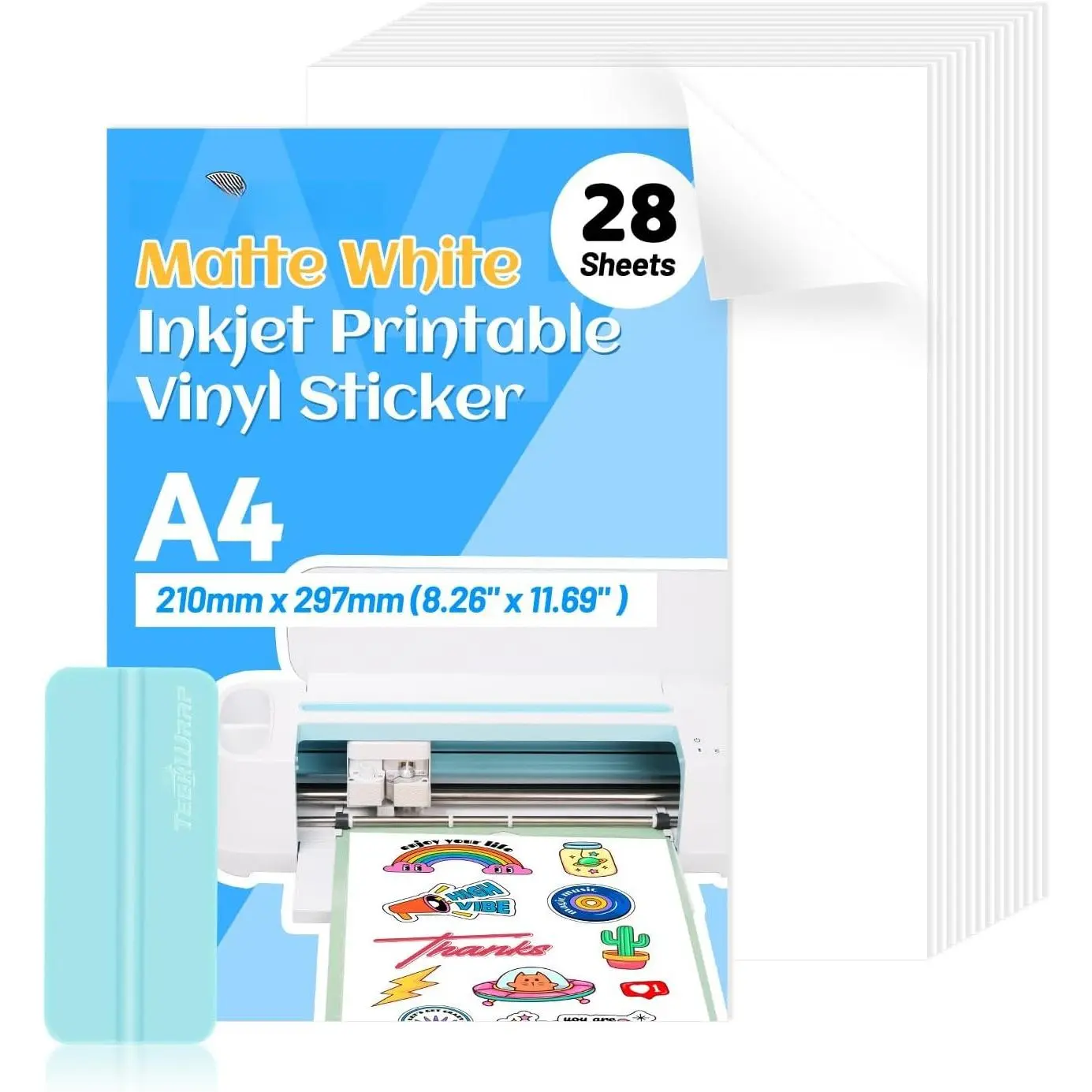 High-Quality Matte White Printable Vinyl Sticker Paper for Inkjet Printers, 8.26"x11.69" A4 Sheets, 28-Count Pack for Banners, Mugs, Laptops, Modern Craft Projects