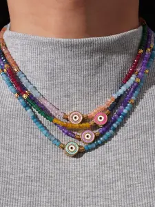 Women Boho Style Natural Stone Beaded Necklace, Colorful Crystal Pendant Handmade Healing Jewelry Gift for Summer Beach Vacation
