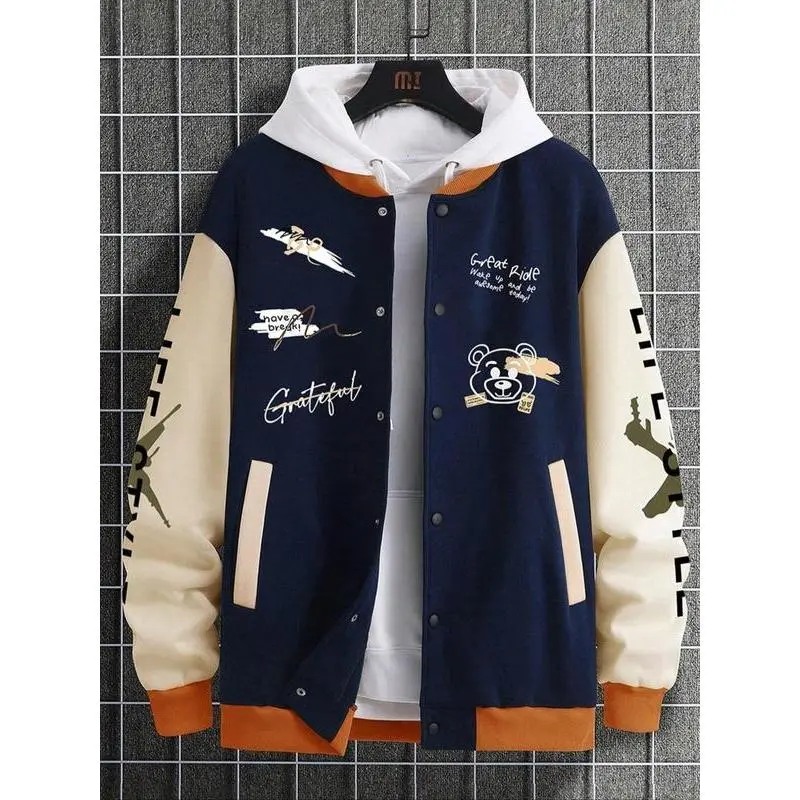 2026 Men's Bear Cartoon & Letter Print Varsity Jacket Drop Shoulder Loose Casual Preppy Style Long Sleeve Pocket Button Front Outerwear Daily Wear Autumn Spring Street Style Lightweight, men casual jacket