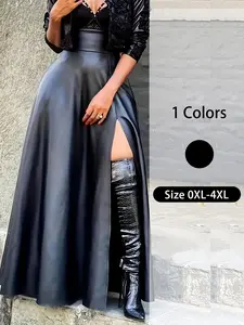 【Plus Size】 Solid Split Thigh Zipper Back Pu Leather Skirt, Elegant Fashion Loose High Waist Long Skirt for Party Club Dating, Women's Clothing for All Seasons, Bottom