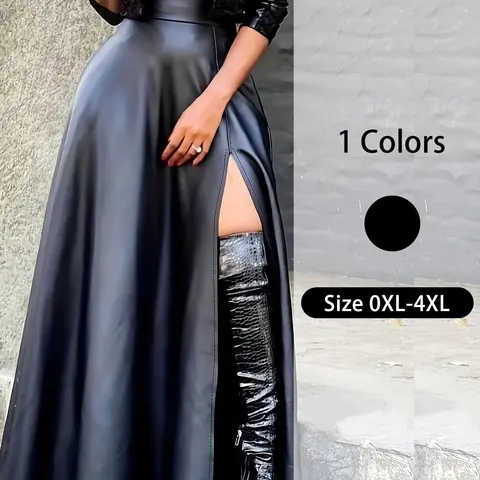 【Plus Size】 Solid Split Thigh Zipper Back Pu Leather Skirt, Elegant Casual Fashion Loose High Waist Long Skirt for Party Club Dating, Women's Clothing for All Seasons, Bottom, Fit
