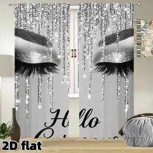 2D Flat 2Pcs Glittering Eyelash Pattern Window Curtains, Modern Glamour Design, Rod Pocket Style, Semi Sheer Polyester, Artistic Grey Silver Print, Suitable for Living Room Bedroom Balcony Treatment, Anti Privacy, Home Decoration Curtain