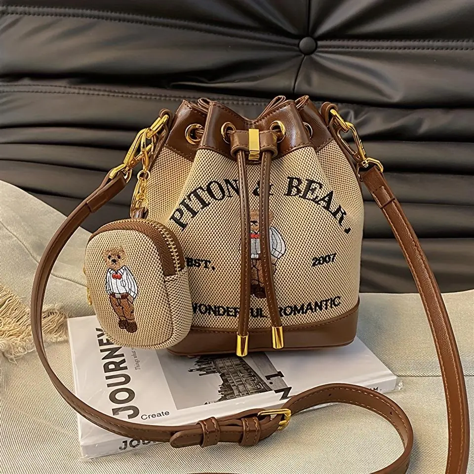 Chic Piton & Bear Bucket Bag Set: Drawstring Bag & Coin Purse for Every Occasion