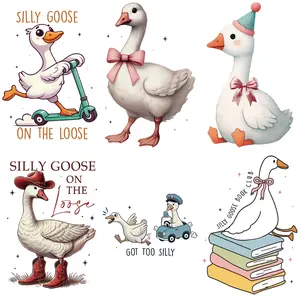 6 Piece Fun Duck Goose Text Quote Colorful Heat Transfer Stickers, DIY Fashion DTF Iron-On Patterns, Washable Fabric Patches for Clothes