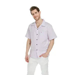 Men's Embroidered Flamingo Linen Cotton Shirt Abalone Shell