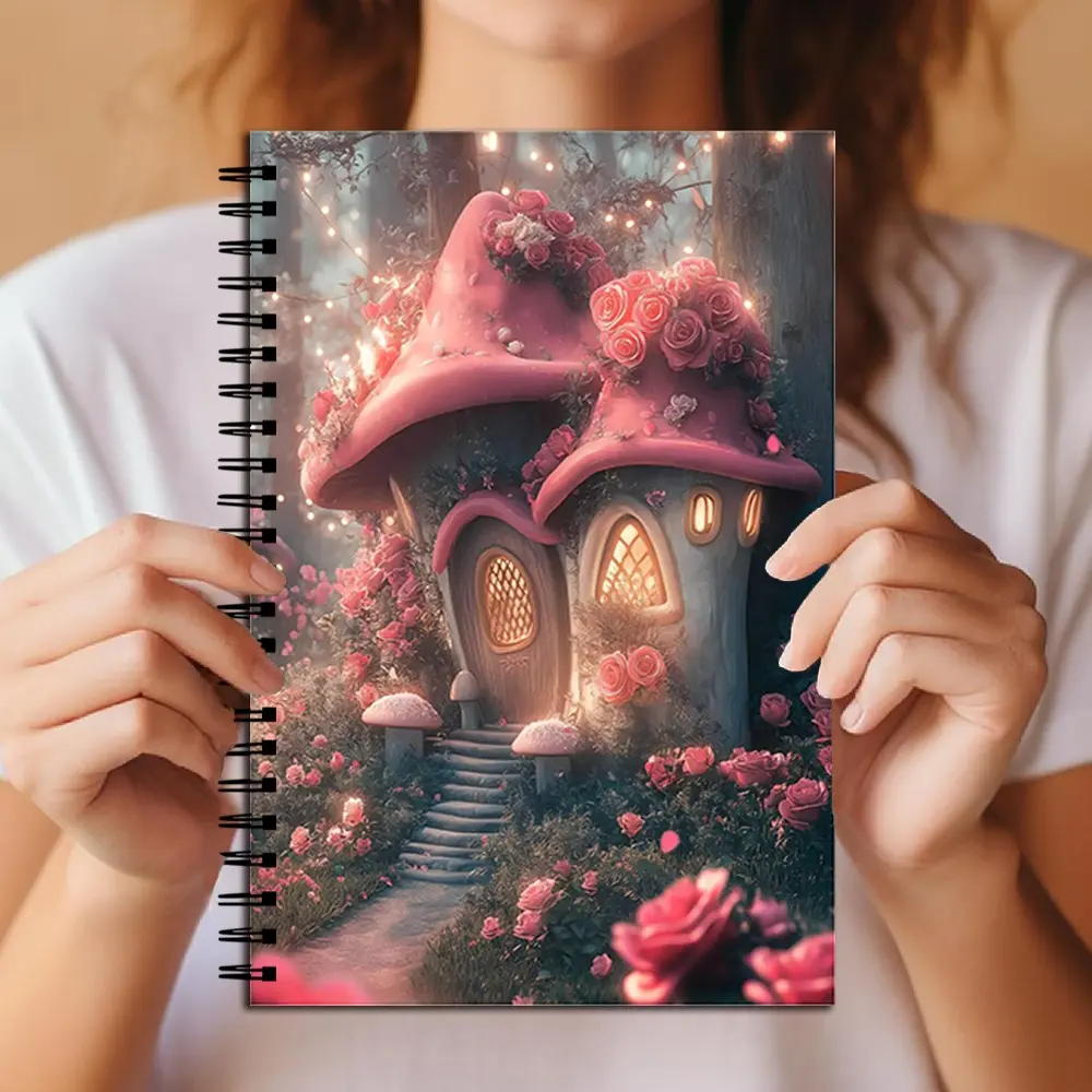 Fairy Mushroom House Spiral Notebook, Enchanted Rose Garden Aesthetic Journal, Lined Pages, Magical Fantasy Forest Theme, School & Office Use