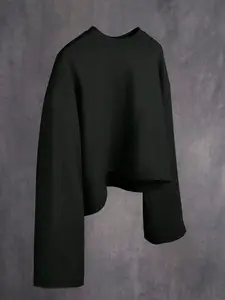 1 Black Asymmetrical Sleeve Crop Sweatshirt, Street-Style Cropped, Modern Design, Unisex for Casual Wear