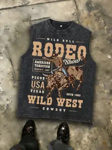 Retro Washed Black Oversized Tank Top, "Wild Bull Rodeo" Western Cowboy & Bull Rider Graphic Print, Casual Sleeveless Streetwear for Men & Women, Loose Fit for Outdoor & Daily Wear