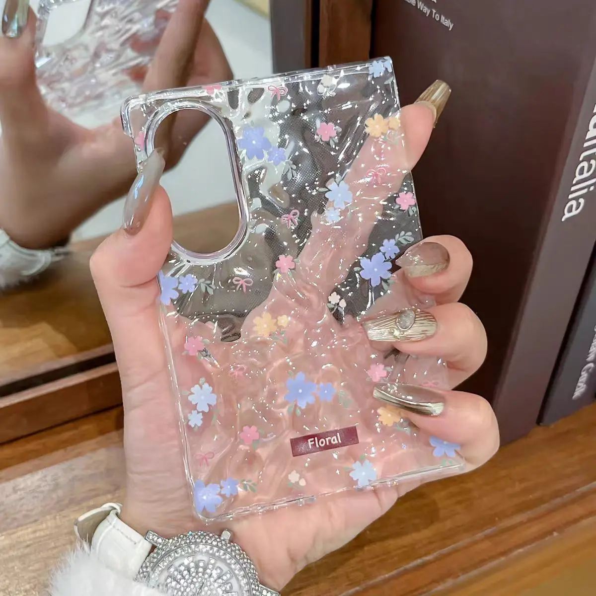 Compatible with Samsung Galaxy Z Fold 7/Z Fold 8 Ultra foldable phones, new ultra-thin transparent front and back case with a minimalist small floral pattern; drop-resistant protective cover for women with carrying strap.