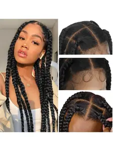 Madam Miranda Full Lace Oversized Braided Wig, Knotless Box Braids Wig Suitable for Black Women, 32-inch Glue-Free Wig, Oversized Box Braids Lace Front Synthetic Wig, Halloween Costume, Christmas Outfit