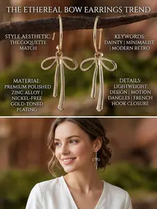 1 pair of earrings, exquisite and dynamic golden bow earrings, French ear hook design, zinc alloy coquettish style, simple retro style, daily vacation gift giving, celebration holiday gift