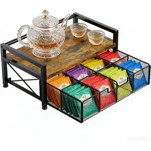 Tea Bag Organizer with 8 Compartments & Drawer, Wooden Tea Bar Storage Box, Tea Bag Holder for Countertop Kitchen Tea Station, Rustic Brown