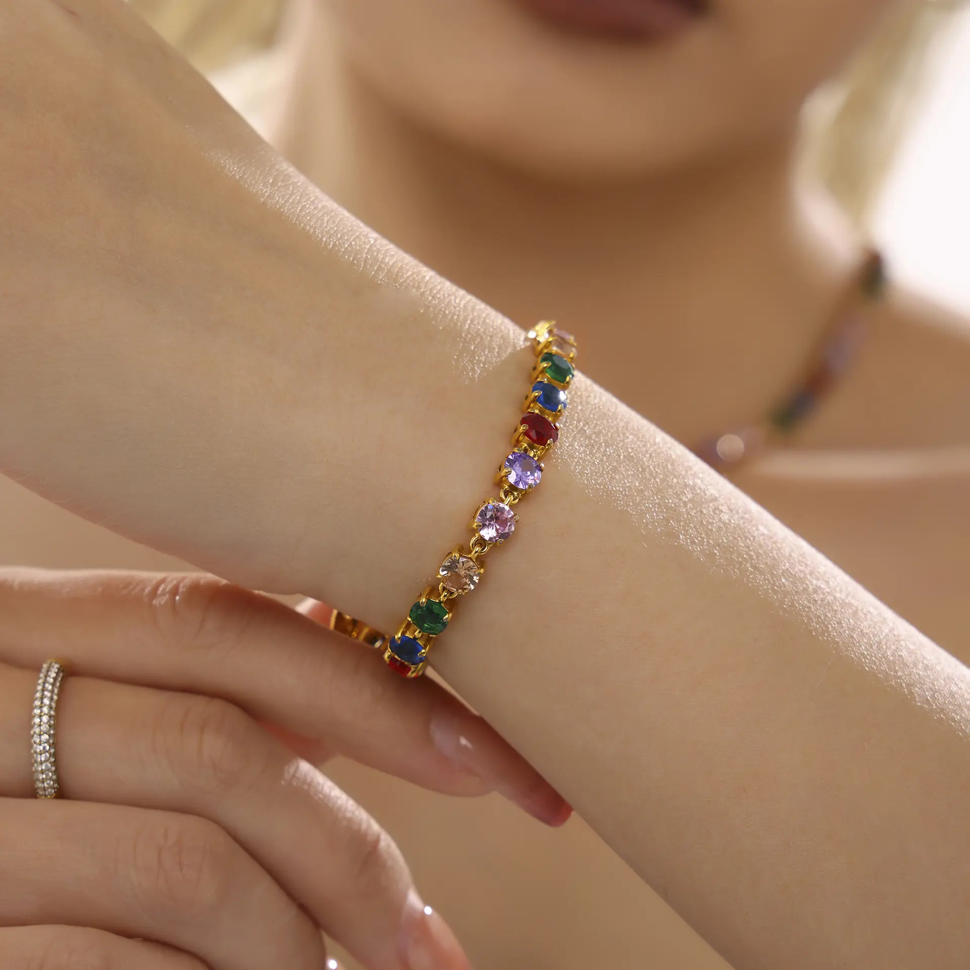 Handmade Prong Setting 5mm Colorful Zircon Shiny Bracelet & Necklace Set, 18K Gold Plated Luxury Jewelry Handmade Prong Setting 5mm Colorful Zircon Shiny Bracelet & Necklace Set, 18K Gold Plated Luxury Jewelry