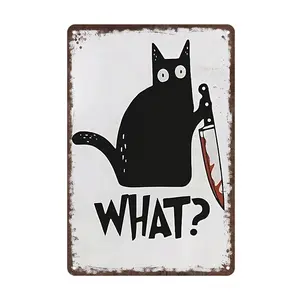 What Black Cat with Knife Plaque Halloween Black Cat Plaque Sign Decor for Home Living Room Decorations Metal Wall Decor 8 * 12 in Tin Sign