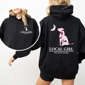 Local Girl Outfitters Hoodie, Pink Camo Dog & Moon Graphic Hoodie, Cute Nature Outdoor Style, Soft Cotton Unisex Sweatshirt, Comfort Casual Everyday Wear For Girls Women