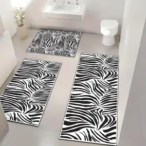 Zebra Print Bathroom   Floor Mat,  3 Counts/set Non-slip Soft Bathroom Mat, Stain Resistant Easy To Clean Carpet, Bath Rug for Bathroom, Kitchen, Living Room, Bath Mats, Bathroom Decorative Mat