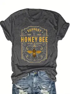 Vintage Honey Bee T-Shirt - Soft Blend Short Sleeve, Bee & Honeycomb Print, Machine Washable, Summer Casual Wear