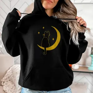 Holafish Women's Cat on Moon Fleece Lined Hoodie a Comfortable Unisex Sweatshirt for Cozy Layering and as a Thoughtful Gift