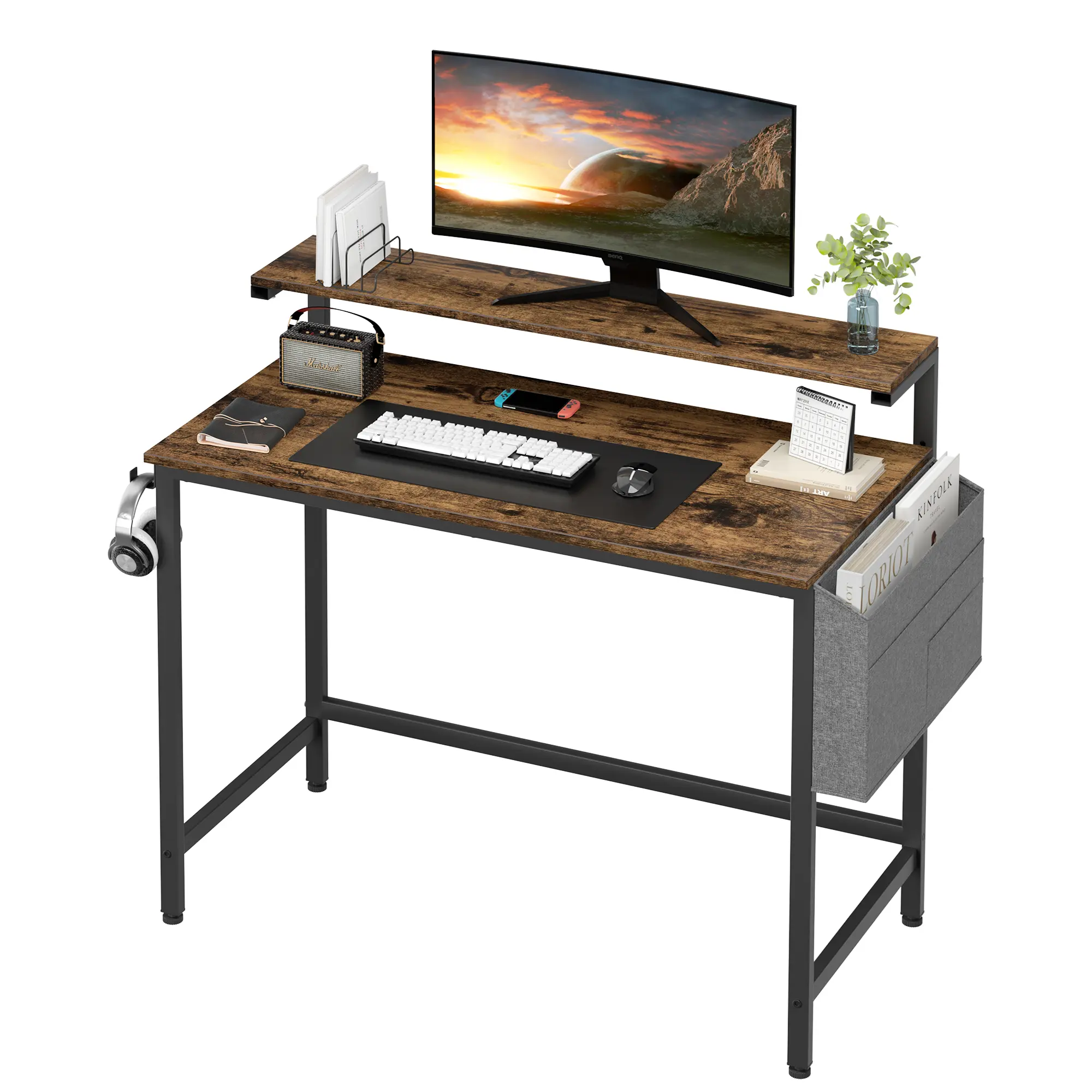 Walsunny 40/48/55/63 Inch Computer Office Desk, Kids, Student Study Writing Work with Storage Bag & Headphone Hooks, Simple Home Bedroom PC Table Industrial Modern Shelves