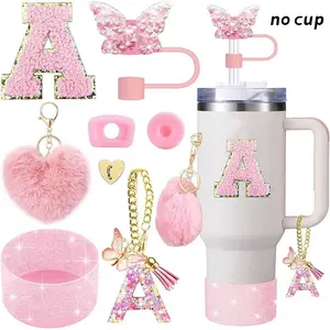 No Cup,Cute Letter A-Z Stanley Cup Accessories Set, Elegant Boxed Gift, 7-Piece Aesthetic Combo, Butterfly Straw Lid, Silicone Sleeve, Pom-Pom Charm