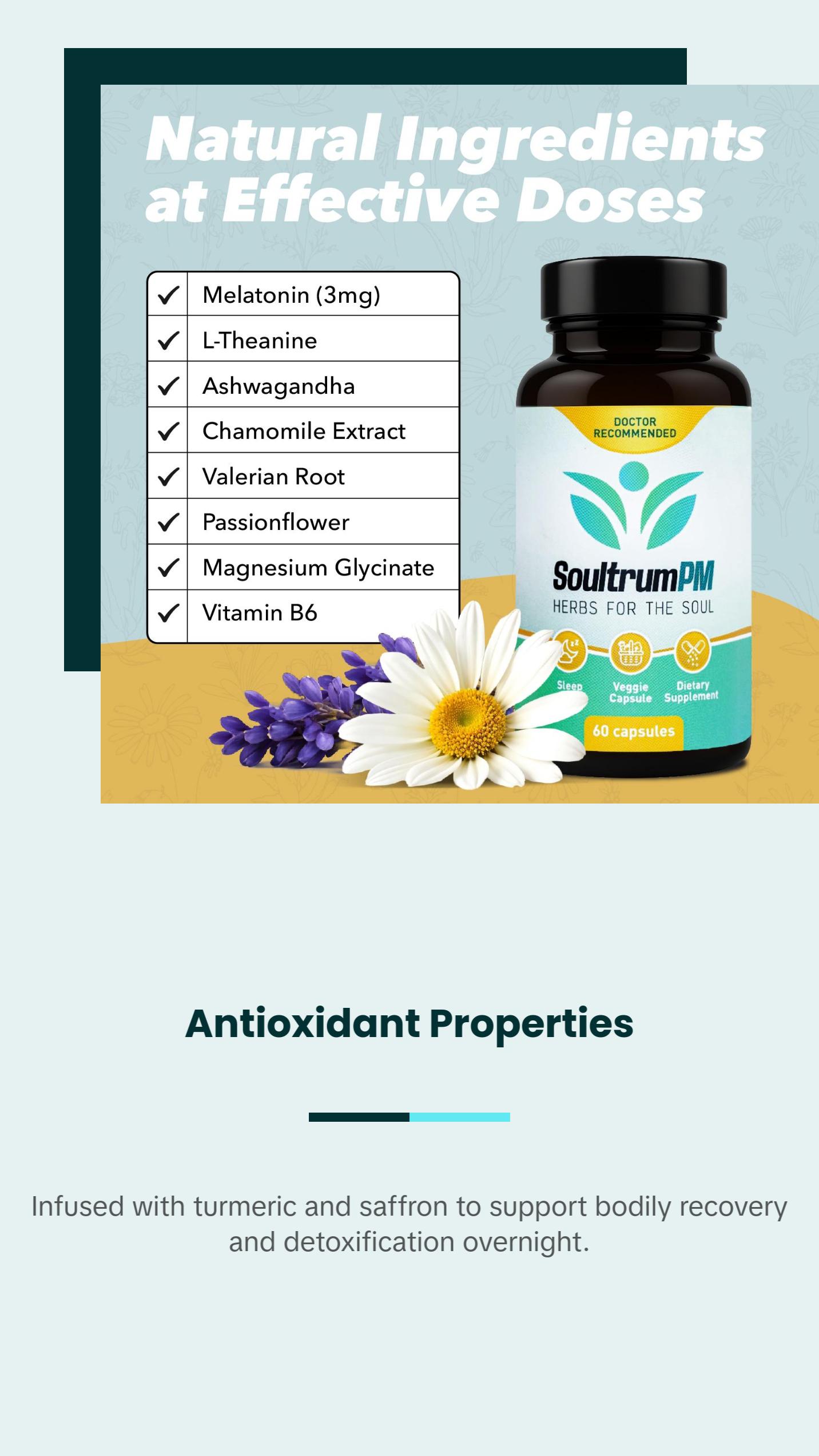 Soultrum PM – Natural Sleep Aid - Nighttime Sleeping Supplement with Melatonin 3mg, L Theanine 200mg, Vitamin B6 5mg,  Glycinate 11mg, Ashwagandha, Chamomile, Valerian Root, Passionflower & Magnesium Glycinate. Dietary Muscle Capsule